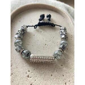 Crackle Glass Bead Bracelet Silver‎ Tone Rhinestone Spacer Macrame Slider Whimsy